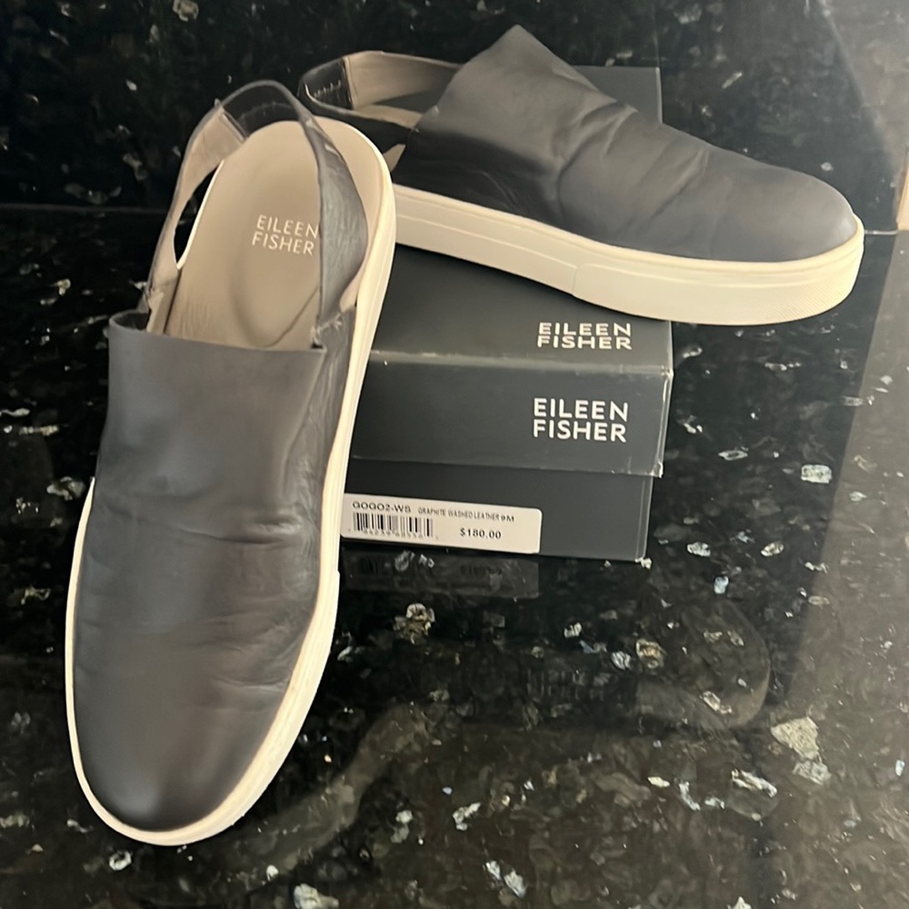 Eileen Fisher Graphite Washed Leather GoGo Sneaker Slides